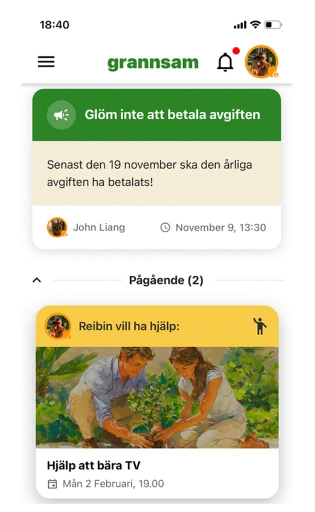 Grannsam-appen visar en styrelseavisering och pågående grannhjälp