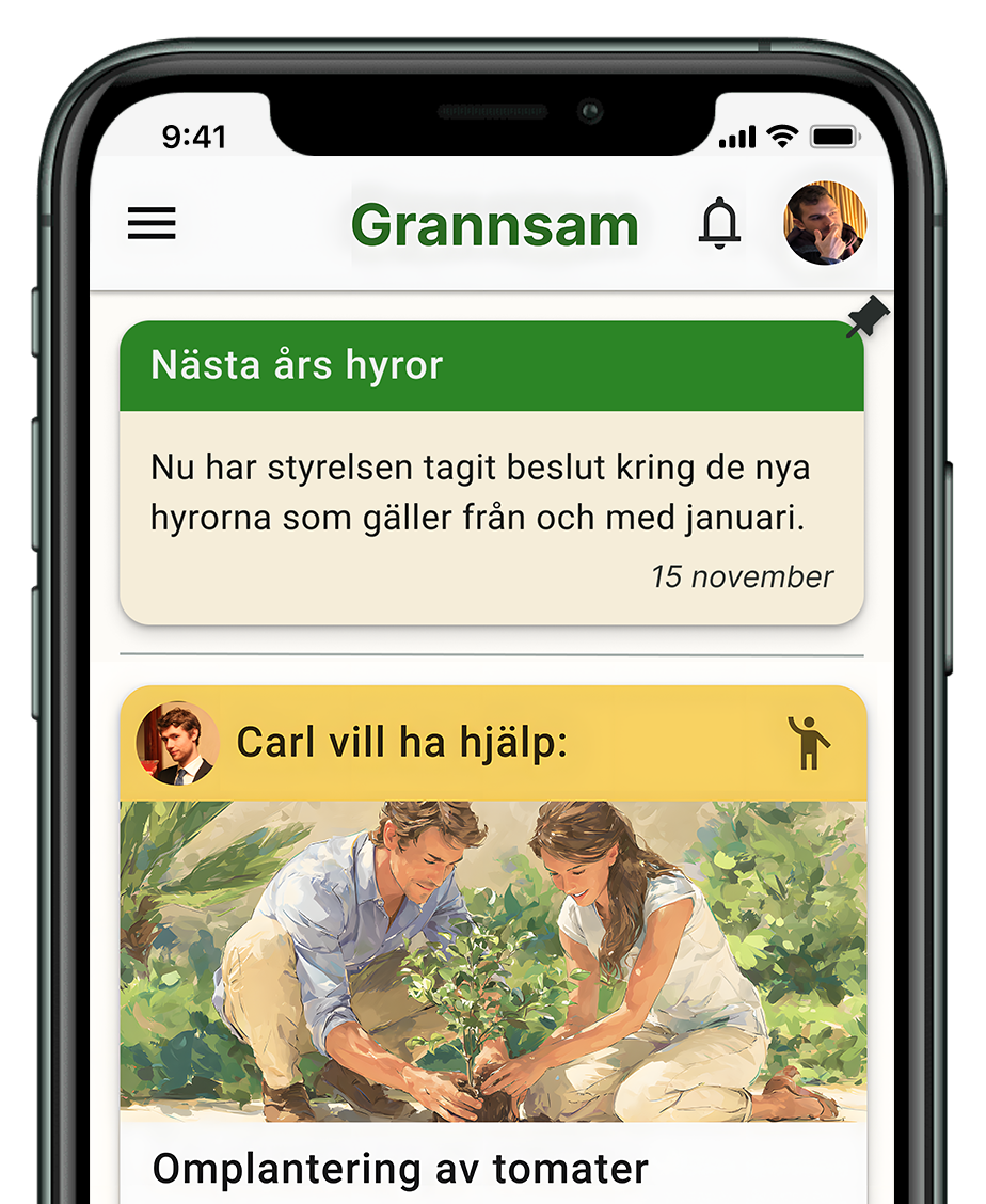 Grannsam-appen visar en styrelseavisering och pågående grannhjälp