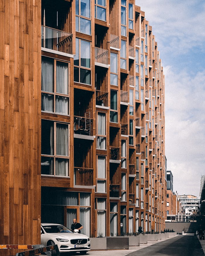 Contemporary architecture with wooden facade in a residential area of Stockholm, Sweden.